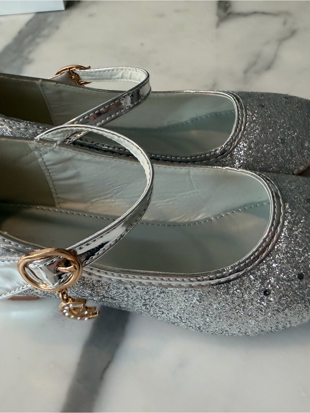 Silver Glitter Mary Jane Flats with Gold Accent